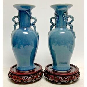 Individual Siam Celadon Glazed Blue Pottery Vase With Hand-Carved Wood Stand‎